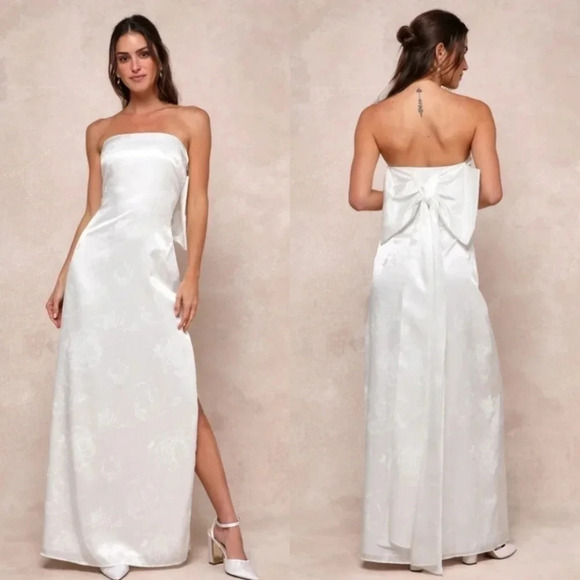 Lulus Avid Elegance Ivory Satin Jacquard Strapless Bow Maxi Dress Wedding Bride - Picture 1 of 10